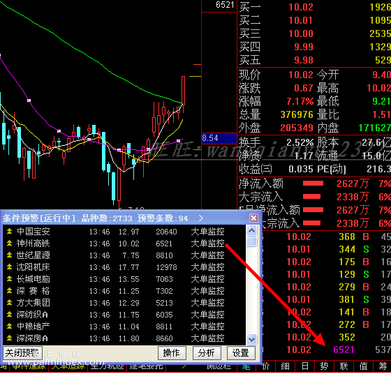 【通达信指标】大单异动-流通盘现手可调节参数预警指标公式