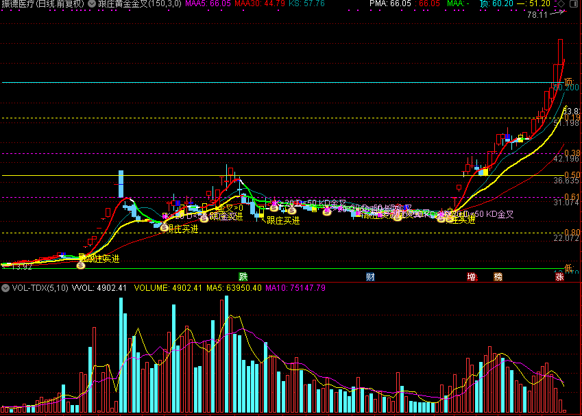 跟庄买进+黄金分割金叉（通达信公式 主图 源码 测试图）源码分享
