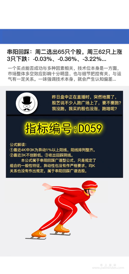 【通达信指标】广谱串阳回踩战法:周二选出65只个股，周三62只上涨3只下跌:-0.03%、-0.36%、-3.22%...（D059）