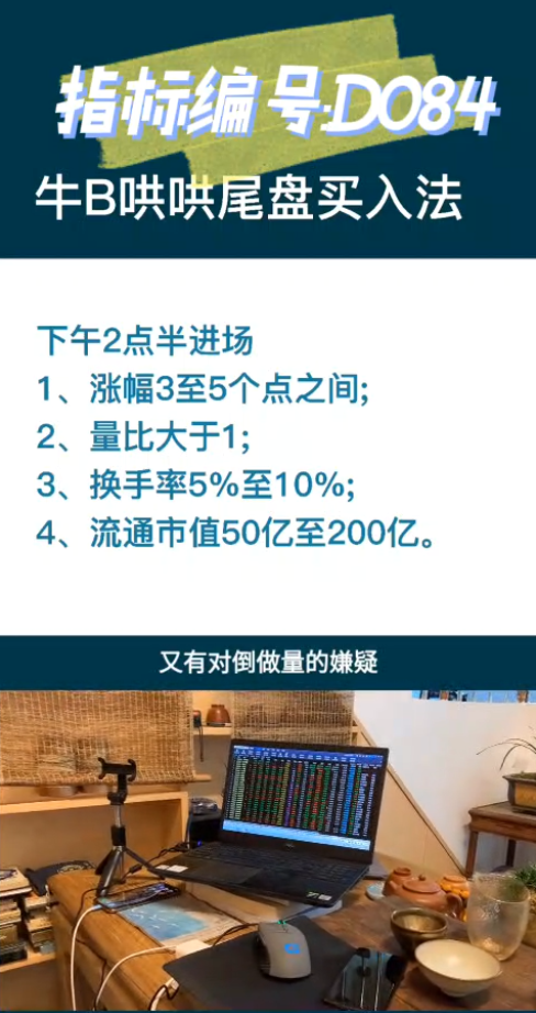 【通达信指标】牛逼哄哄尾盘买入战法:收盘前半小时进场,就是技术点的卡位，位置不要太高，相对增加它的安全性。（D084）