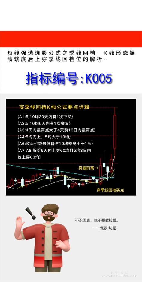 【通达信指标】穿季线回档战法：季线K线形态旅荡筑底后上穿季线回档位的解析（K005）